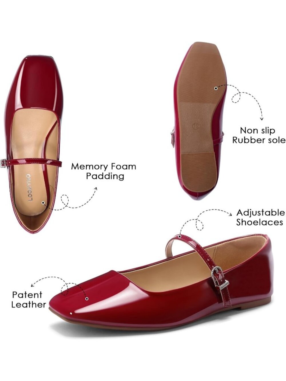 Women's Patent Red Closed Toe Chic Footwear Latex Insole Mary Jane Flat Shoes - Picture 5 of 7